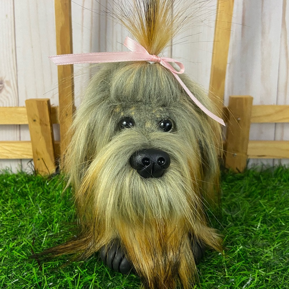Handmade Yorkie Plush Dog Home Decor w/ Pink Bow Faux Fur Brown Black Clay Paws
